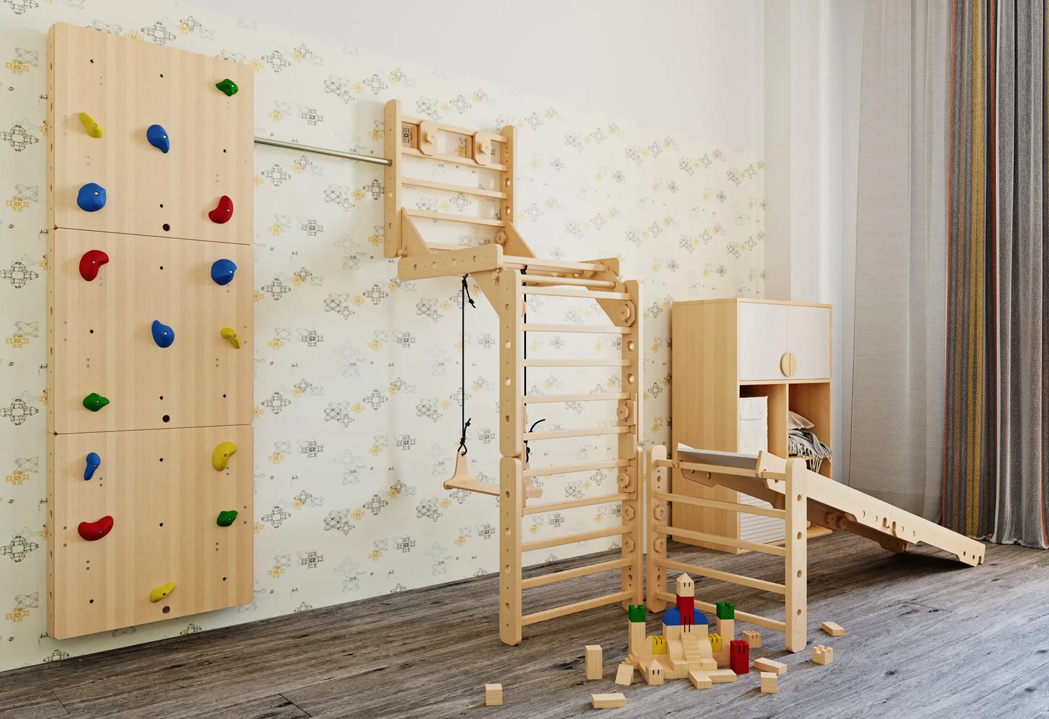 Galerie staveb Loopo – lezecká stěna, žebřiny a skluzavka v dětském pokoji